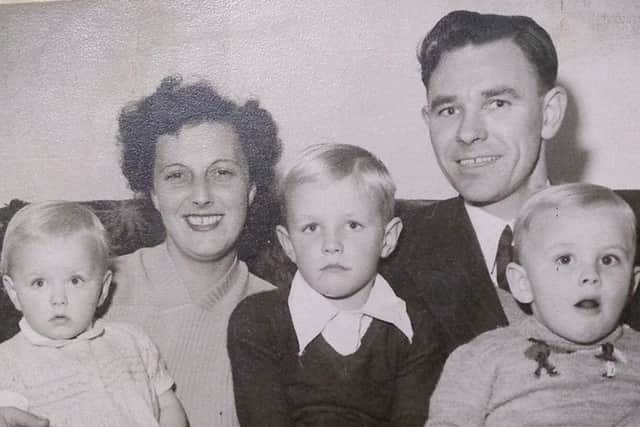 One of the earliest families in Leigh Park. Chief Petty Officer Austwick with his family in 1950. He was based at HMS Vernon at the time.