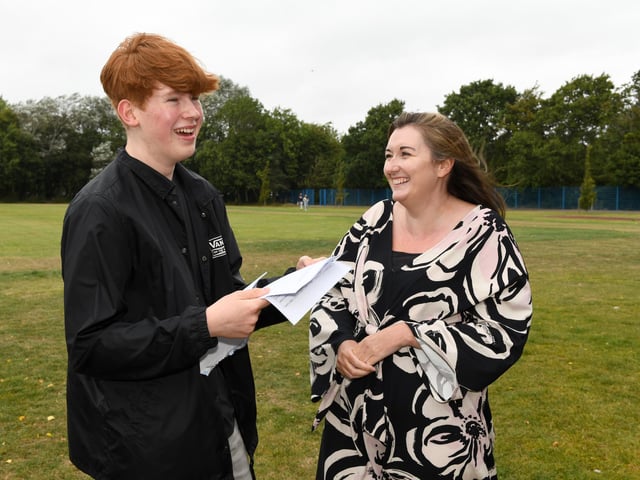 GCSE exam results day at King's Academy Brune Park in Gosport, Hampshire - 22/08/24.L-R Jacob Shaw 16 with Kerry Payne headteacherPlease credit: Paul Jacobs/pictureexclusive.com