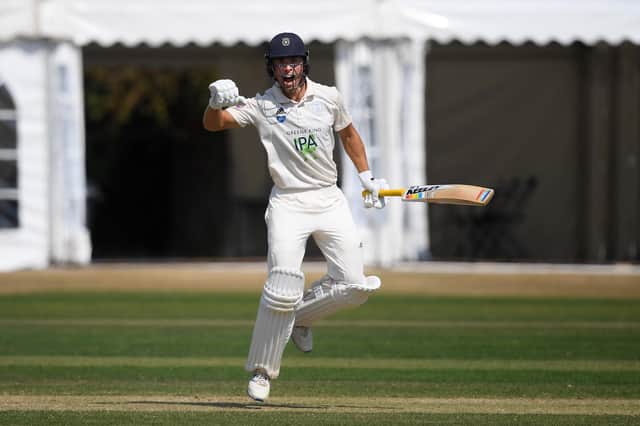 Joe Weatherley celebrates hitting the winning runs in Hampshire's Bob Willis Trophy tie against Middlesex at Radlett. Photo by Alex Davidson/Getty Images.