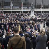 Members of the public, veterans and members of the armed forces take part in a Remembrance Sunday service and parade in Guildhall Square in Portsmouth. Picture: Andrew Matthews/PA Wire
