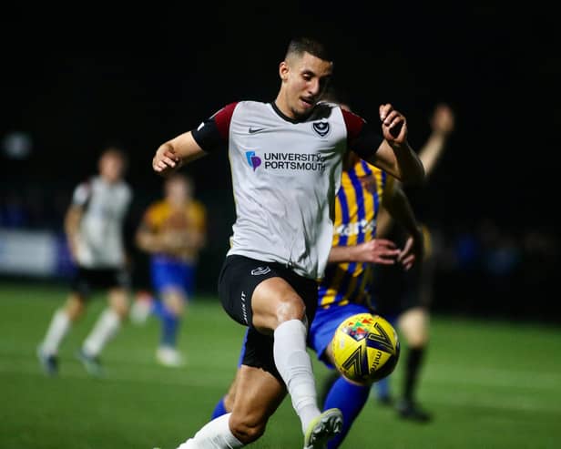 Pompey's Gassan Ahadme drives for goal in last month's Hampshire Senior Cup encounter with Basingstoke. Picture: Stuart Martin (220421-7042)