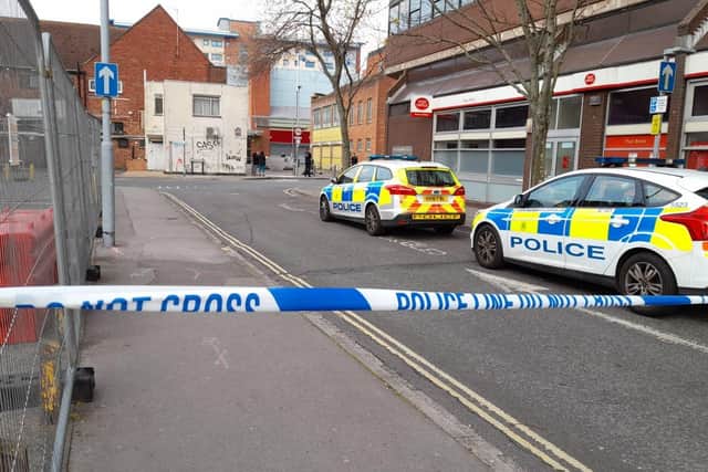 Police in Slindon Street in Portsmouth city centre after an incident which has seen Arundel Street, Yapton Street and Slindon Street taped off on April 30, 2021.