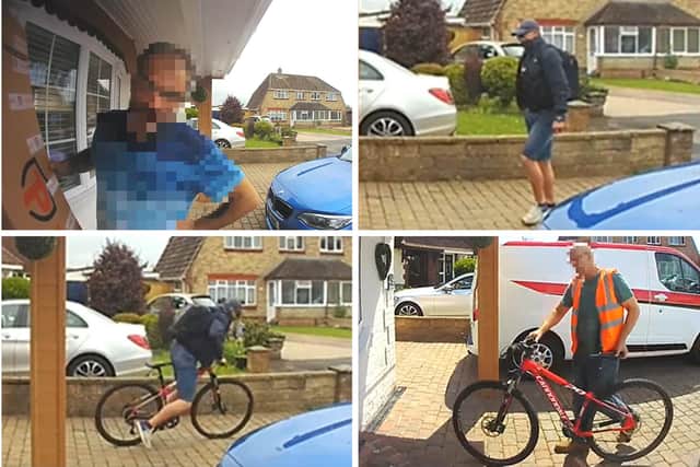 First, the Ring doorbell footage records a delivery driver arriving and leaving a parcel before walking away. In the second image on the top row, a man then arrives - alleged to be the passenger in the Tuffnells delivery van  - and takes the bike, as is shown in the bottom left image. The final image, bottom right, shows the Tuffnels manager who was not involved in the incident returning the bike days later to Spencer Cartwright's home in Waterlooville.