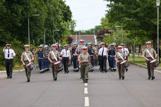 More than 200 personnel from the Royal Navy and Royal Marines, supported by the Marine Corps of Drums rehearsed their performance on Monday afternoon at HMS Collingwood in Gosport ready for the Queens Jubilee Pageant on Sunday 5th June.Pictured - Ronal Navy, Royal Marines and Marine Corps of Drums at HMS Collingwood.Photos by Alex Shute