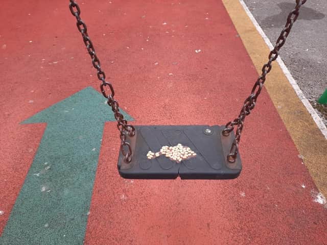 Baked beans had been left smeared on play equipment in a children's park, sparking confusion online. Photo: Facebook