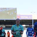 Staff team player Jo Fairwood celebrating after the win at Fratton Park.