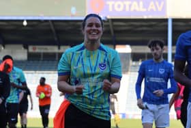 Staff team player Jo Fairwood celebrating after the win at Fratton Park.