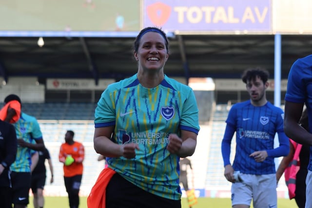 Staff team player Jo Fairwood celebrating after the win at Fratton Park.