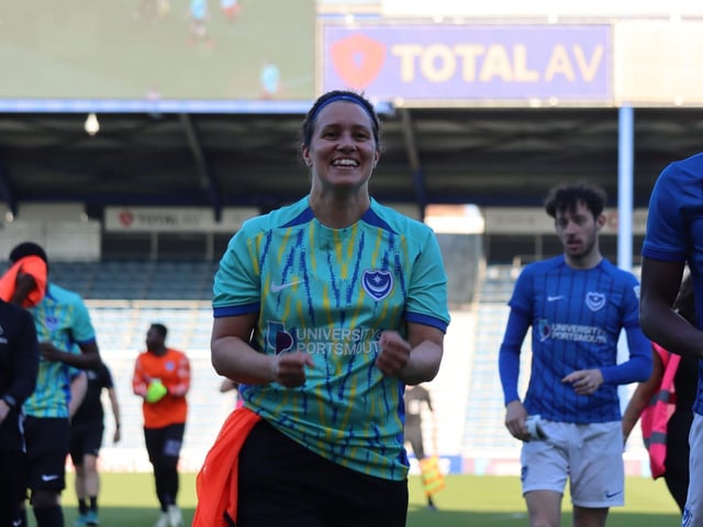 Staff team player Jo Fairwood celebrating after the win at Fratton Park.