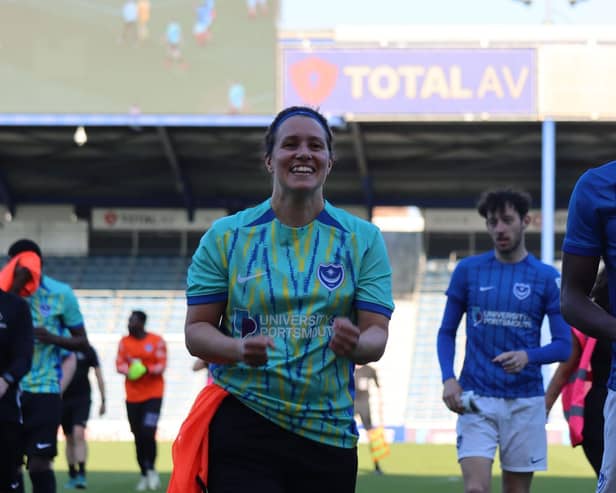 Staff team player Jo Fairwood celebrating after the win at Fratton Park.