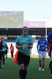 Staff team player Jo Fairwood celebrating after the win at Fratton Park.