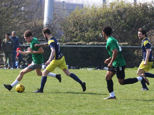 Action from the Challenge Cup clash between Pelham Arms (blue/yellow kit) and FFTP (green and black kit). Picture: Sam Stephenson