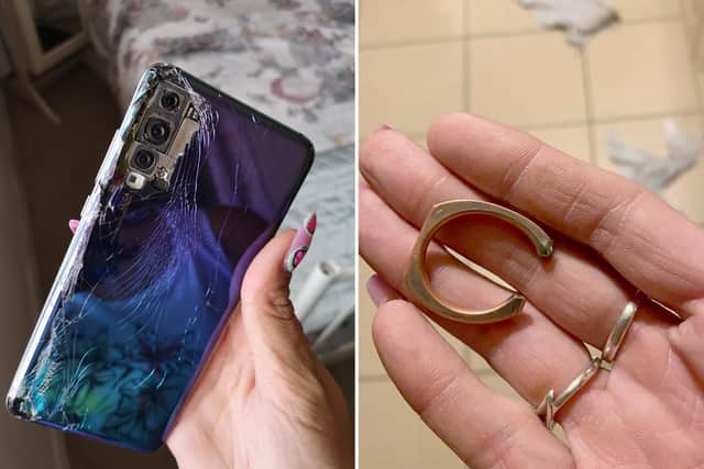 Damage to Lucie Wakely s Huawei phone caused by Zac Slaven, and the ring that was attached to the phone. 

Picture: Lucie Wakely
