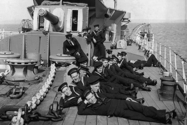 Ratings of the Royal Naval Volunteer Reserve (RNVR), London and Sussex Divisions, enjoy the sunshine on board the HMS Curacoa during a trip from Portsmouth to Plymouth and Torbay, 29th March 1937. (Photo by Fox Photos/Hulton Archive/Getty Images)