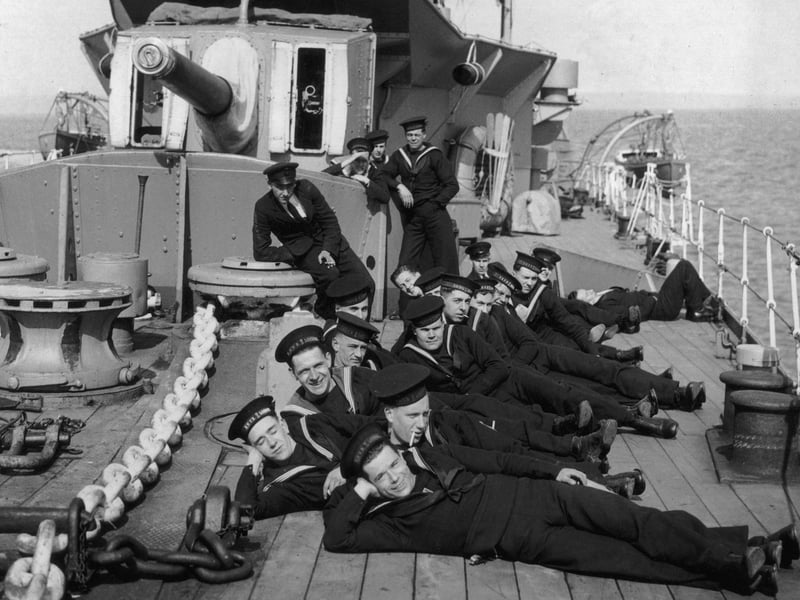 Ratings of the Royal Naval Volunteer Reserve (RNVR), London and Sussex Divisions, enjoy the sunshine on board the HMS Curacoa during a trip from Portsmouth to Plymouth and Torbay, 29th March 1937. (Photo by Fox Photos/Hulton Archive/Getty Images)