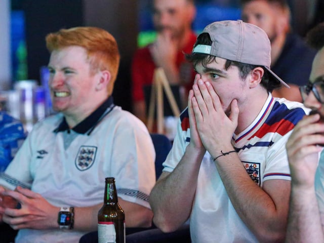 Facing extra time. Fans watch Netherlands v England, UEFA Euros 2024 semi-final played in Dortmund, at Village Hotel, Lakeshore Drive, CoshamPicture: Chris  Moorhouse (100724-090)