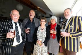 Incoming Portsmouth RFC president Nigel Morgan, far left, provided an 'emotional' speech for outgoing Peter Golding at a lunch to celebrate his club service, with Peter Knott, second left, Anne Morgan, centre, alongside Marilyn and Terry Barton, far right. Picture: Chris Moorhouse