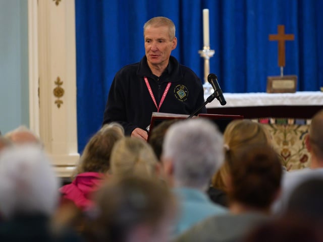 Mark Trasler of the Haslar Heritage Group addresses visitors to the former hospital in St Luke's Church. Picture: Keith Woodland (070921-3)