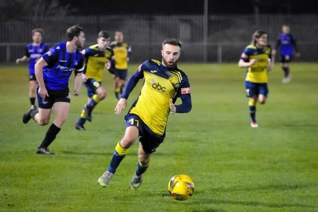 Josh Hazell on the ball against Clanfield. Picture: Dave Bodymore.