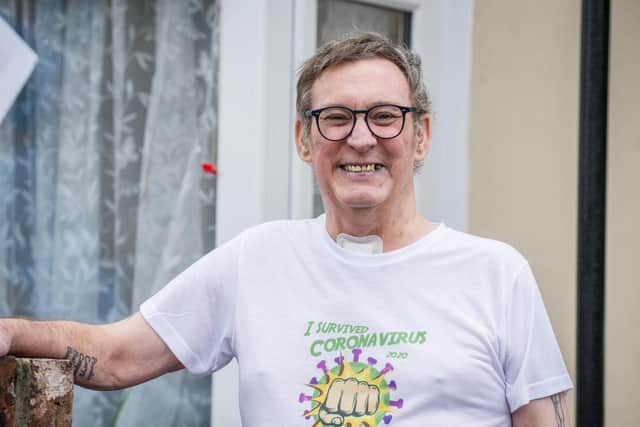 "I survived coronavirus" - Peter Callaway wearing his custom t-shirt after returning home after three months in hospital battling Covid-19.
Picture: Habibur Rahman