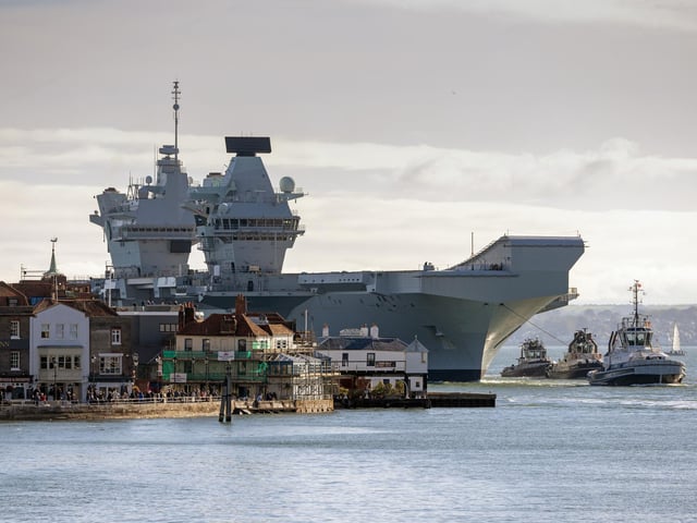 Aircraft Carrier HMS Queen Elizabeth returns back to her homeport of Portsmouth, Hampshire in October 2022 after hosting the Future Atlantic Forum 2022 in New York.