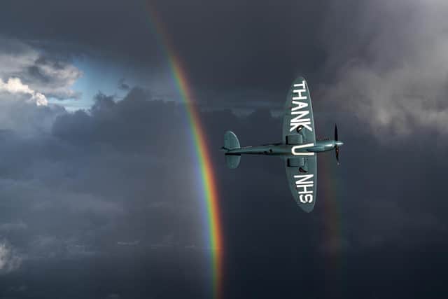 The NHS spitfire that flew over Queen Alexandra Hospital in Portsmouth on Saturday at 3.05pm. Picture: George Romain
