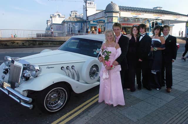 Stephanie Traer, Adam Woodford, Danielle McCarthy, Robert Cooper, Stevie Clifford and Jamie Benny arrived in a supercharged sports limousine for Portchester Community School's prom at the Royal Beach Hotel in South Parade, Southsea in June 2006. Picture: (062868-0027)