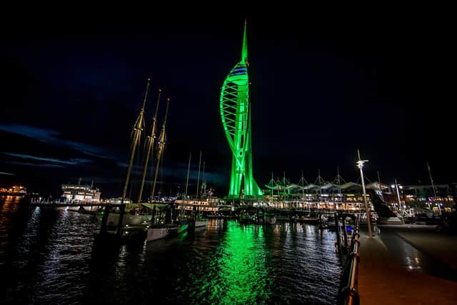 The Spinnaker Tower turns green. Picture by Dave Vokes.