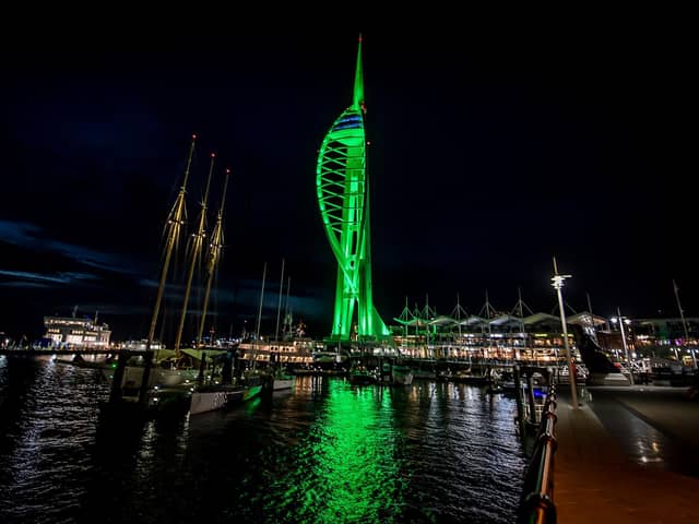 The Spinnaker Tower turns green. Picture by Dave Vokes.