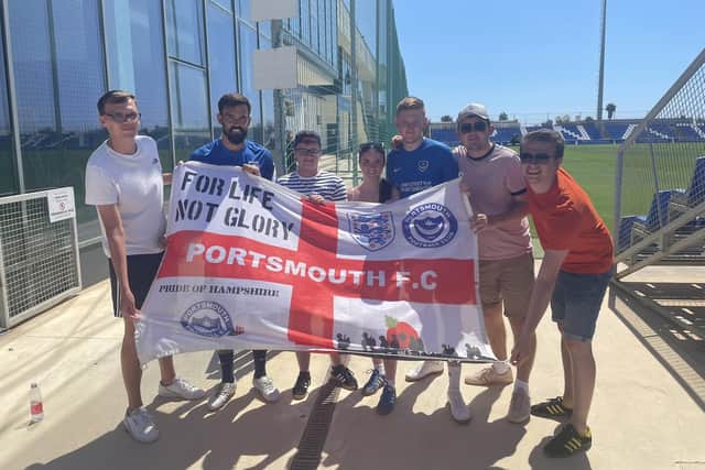 Marlon Pack, second left, & Co were joined by Pompey fans in Murcia at the end of last week ahead of Saturday's game against Qatar SC