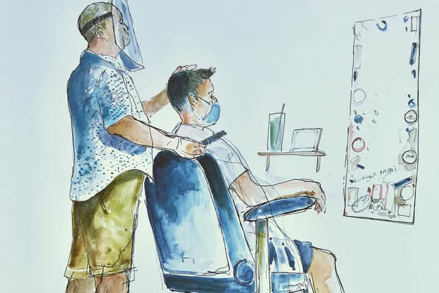 Head hairdressers in Albert Road, Southsea, summer 2020, by Kevin Dean