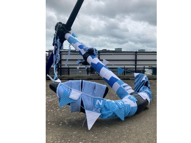 The knitting gurus have got blue and white knitting anchored down and this exciting piece of artwork is one to look out for.
