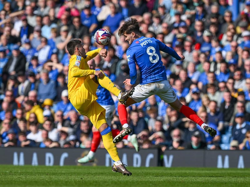 Pompey's Freddie Potts challenges Joel Piroe in today's Fratton Park clash. Picture: Graham Hunt/ProSportsImages