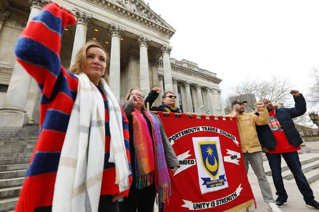 From left, Anna Lilley, Michelle Lincoln, chair of Portsmouth Trades council Jon Woods, Mark Sage and Khalid Sidahmed. Cost of living protest organised by Portsmouth Trades Council, at the Guildhall, Portsmouth. Picture: Chris Moorhouse (jpns 020422-36)