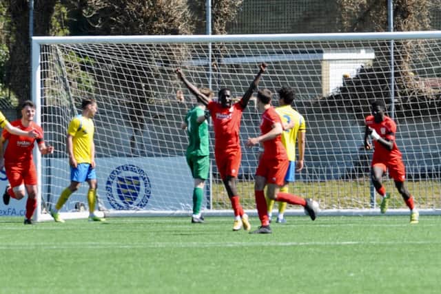 Flackwell Heath celebrate their goal during their FA Vase fourth round win at Lancing. Pic: Stephen Goodger.