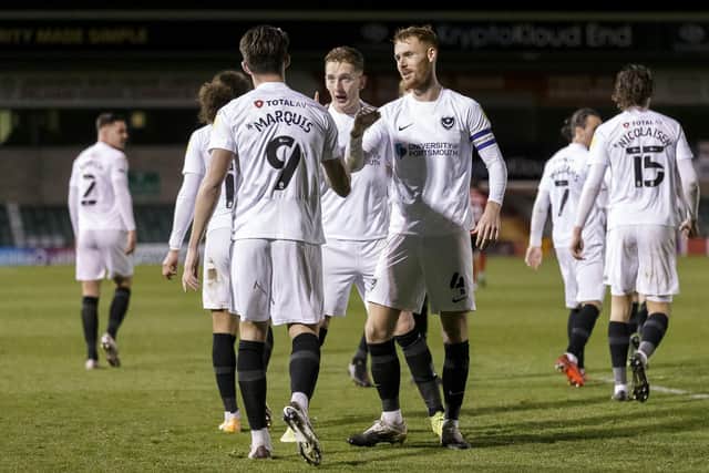 Pompey celebrate at Lincoln last night. (Photo by Daniel Chesterton/phcimages.com)