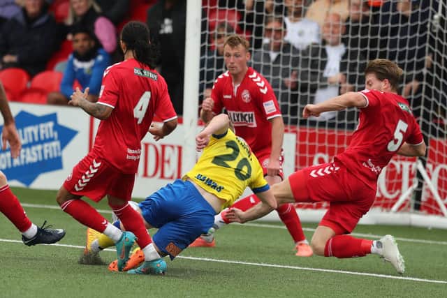 Tommy Wright stumbles as he takes a close range shot at Hemel Hempstead. Picture by Dave Haines.