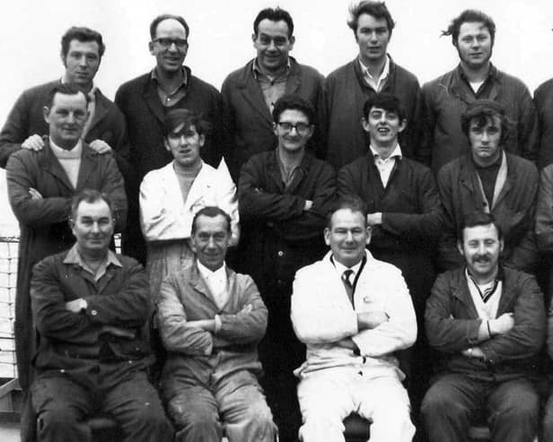 Dockyard tradesmen who went out on HMS Blake trials 1965 to 1969. Picture: Barry McNie collection.
