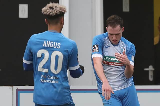 Josh Kay celebrates scoring for Barrow. Picture: Alex Morton/Getty Images