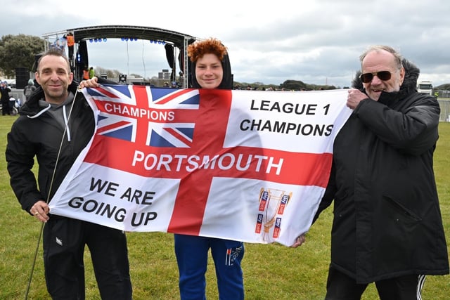 Pompey F.C football fans have been flocking to Southsea Common for the League One celebrations which have been organised by Portsmouth City Council. Pictured: Arron, Ress and Raymond NewlanPicture Credit: Keith Woodland