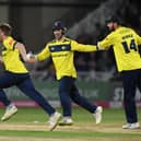 Liam Dawson  celebrates taking the wicket of Samit Patel during Hampshire's stunning quarter-final win at Trent Bridge tonight. Photo by Tony Marshall/Getty Images.