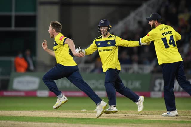 Liam Dawson celebrates taking the wicket of Samit Patel during Hampshire's stunning quarter-final win at Trent Bridge tonight. Photo by Tony Marshall/Getty Images.
