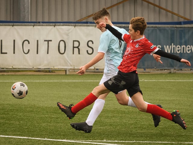 Action from the Portsmouth Youth League Geldard Invitation Cup final between Jubilee 77 U13s and Castle United U13s (light blue and white kit). Picture: Keith Woodland (190321-922)