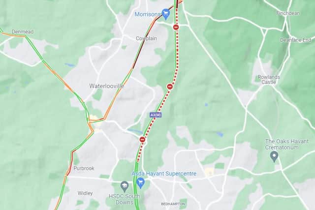 A Google Maps screenshot showing the extent and location of the road closures following the serious incident near Waterlooville. Picture: Google Maps