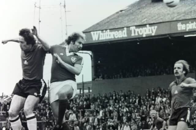 Joe Laidlaw challenges an opponent. The former Pompey skipper netted 23 goals in 75 appearances before departing in December 1980 for Hereford