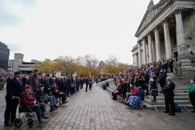 Veterans, military personnel and youth groups during the Remembrance Service at the Guildhall Square, in Portsmouth. Picture date: Sunday November 14, 2021.