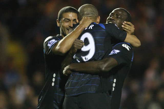 Danny Webber celebrates with Hayden Mullins and John Utaka after netting on his Pompey full debut in a Carling Cup clash at Carlisle in September 2009. Picture: Lynne Cameron/PA Wire/Press Association Images