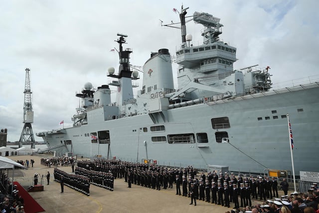 Company of the HMS Illustrious stand in formation during her decommissioning ceremony on August 28, 2014 in Portsmouth.Photo by Dan Kitwood/Getty Images