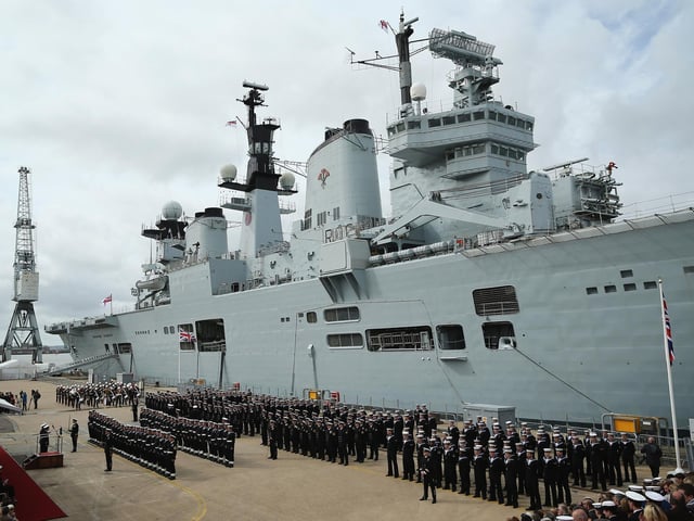 Company of the HMS Illustrious stand in formation during her decommissioning ceremony on August 28, 2014 in Portsmouth.Photo by Dan Kitwood/Getty Images