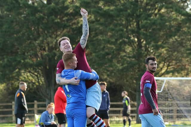 Cross Keys celebrate their goal in a 2-1 Portsmouth Sunday League Division 4 loss to Cosham Trades. Picture: Kevin Shipp